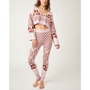 FREE PEOPLE Snow Bunny LOUNGEWEAR PAJAMAS SET Candy Combo Cozy Cute Soft Boho